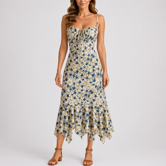 Floral - Model wearing a floral print asymmetric midi dress with spaghetti straps, a tie-front bust, and a ruffled handkerchief hemline.