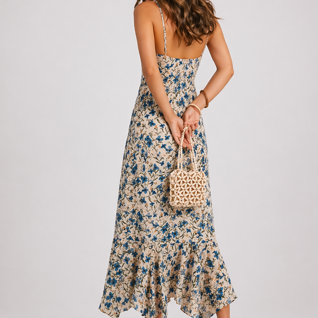 Floral - Model wearing a floral print asymmetric midi dress with spaghetti straps, a tie-front bust, and a ruffled handkerchief hemline.