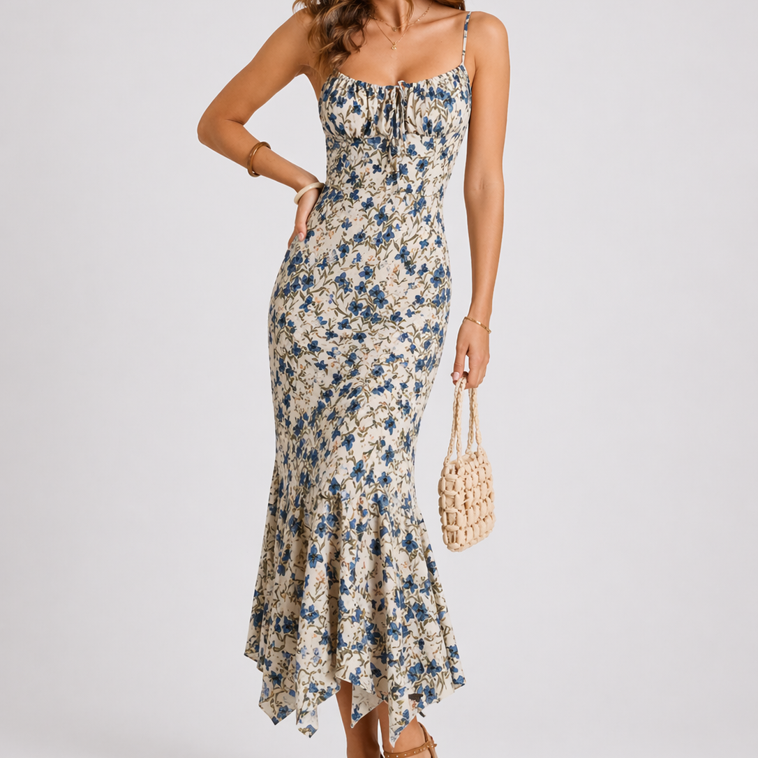 Floral - Model wearing a floral print asymmetric midi dress with spaghetti straps, a tie-front bust, and a ruffled handkerchief hemline.
