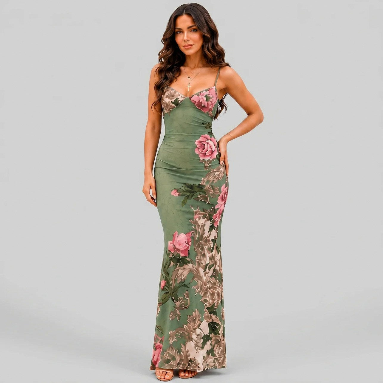 Floral V-Neck Fitted Maxi Dress