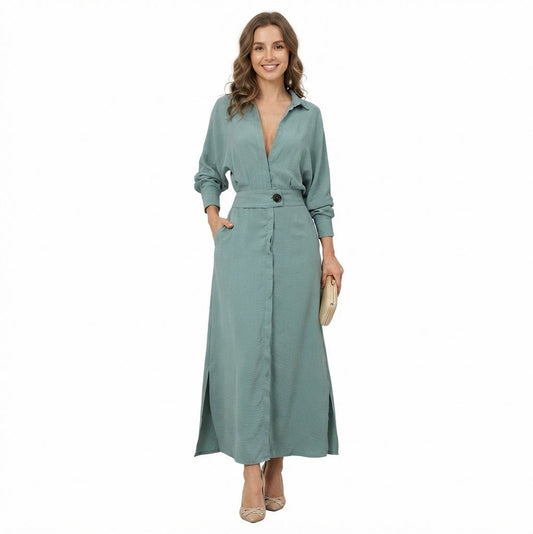Gauze Collared Long Sleeve Shirt Dress
