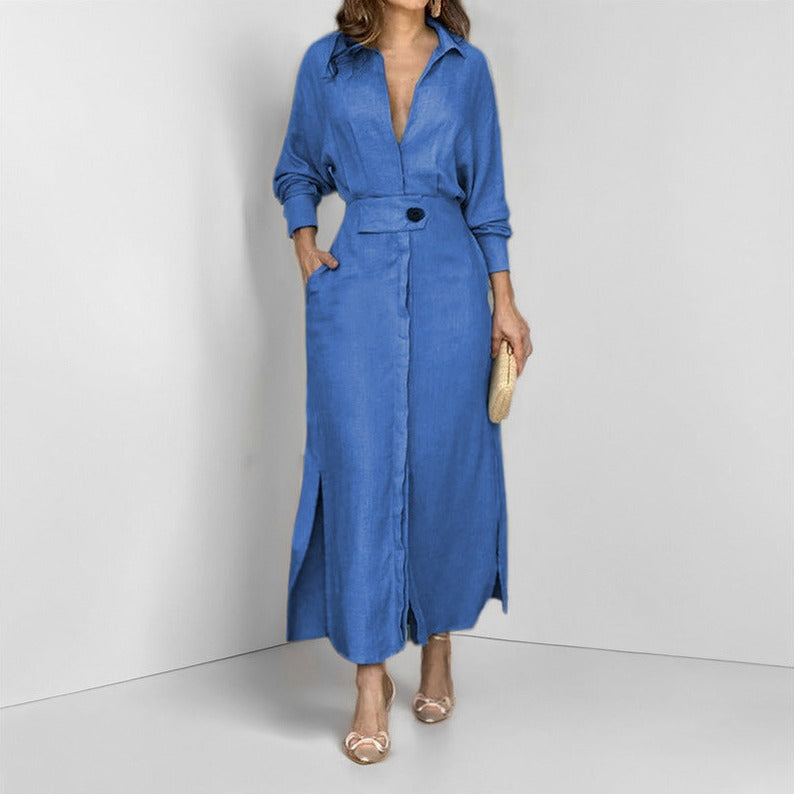 Gauze Collared Long Sleeve Shirt Dress