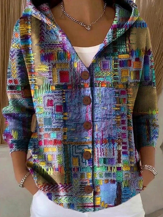 Geometric Button Front Hooded Cardigan
