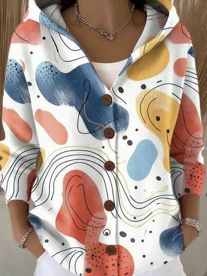 Geometric Button Front Hooded Cardigan