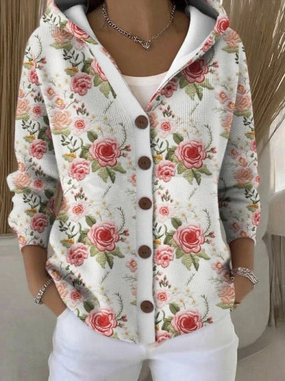 Geometric Button Front Hooded Cardigan