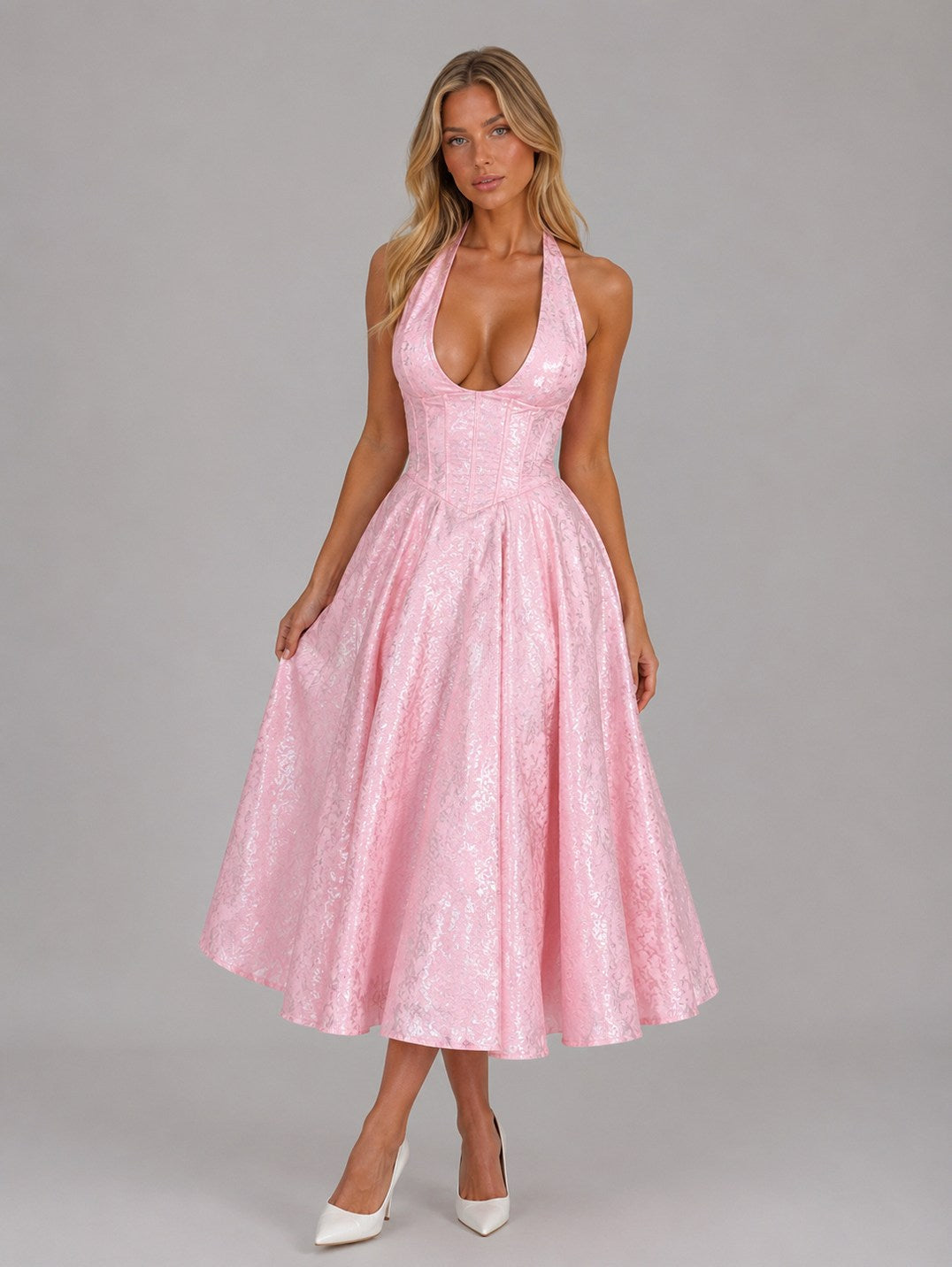 Halter Corset Flare Midi Dress