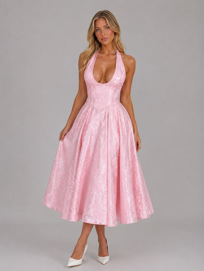 Halter Corset Flare Midi Dress