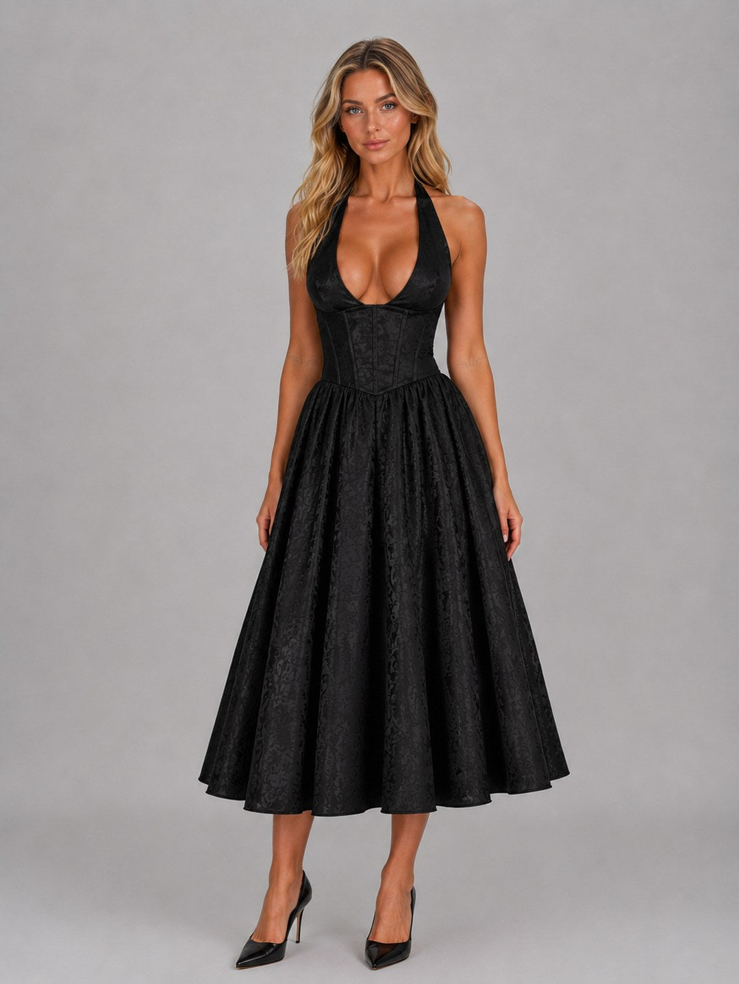 Halter Corset Flare Midi Dress
