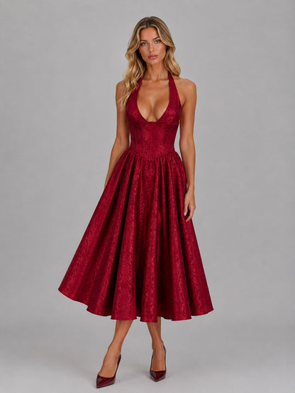 Halter Corset Flare Midi Dress