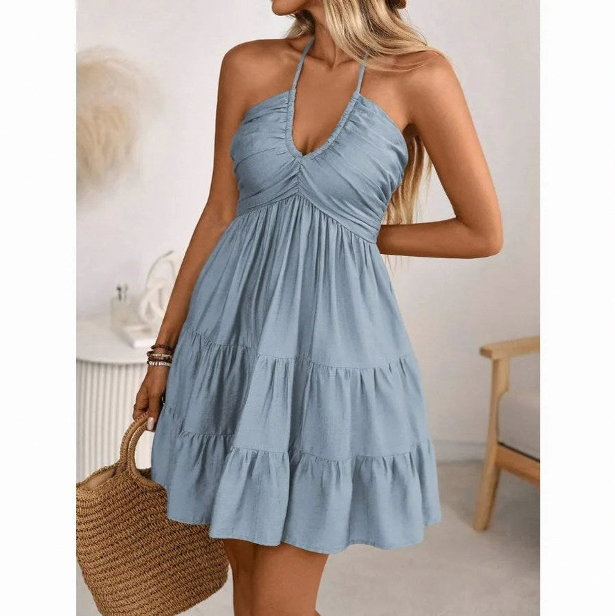 Halter Ruched Tiered Mini Sundress