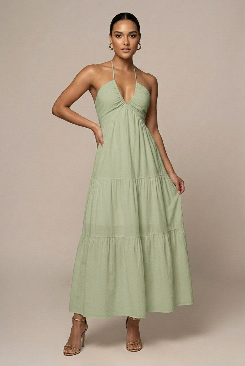 Linen Halter Tiered Maxi Dress