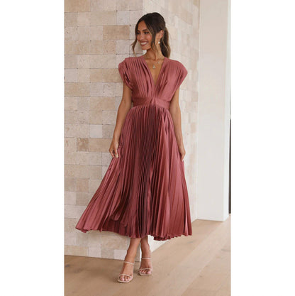 Satin Sleeveless Plunge Midi Dress