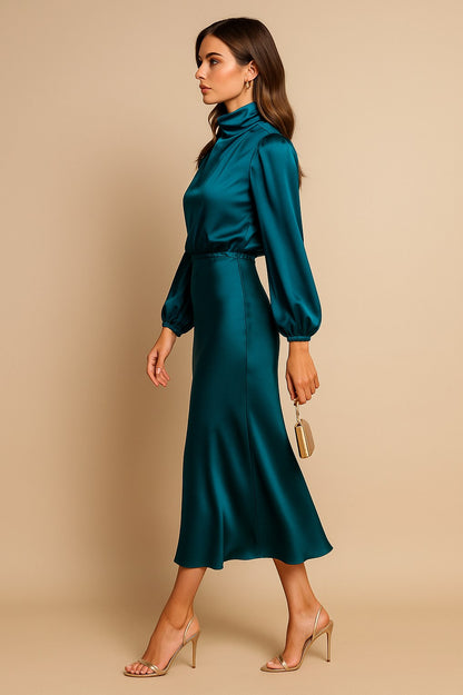 Satin High Neck Midi Dress