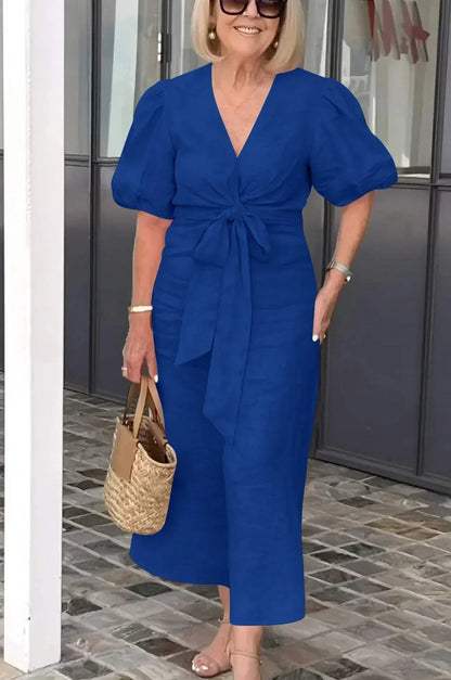 Puff Sleeve Tie Waist Maxi Dress
