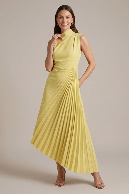 Draped Asymmetrical Pleated Midi Dress