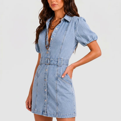 Denim Puff Sleeve Belted Mini Dress