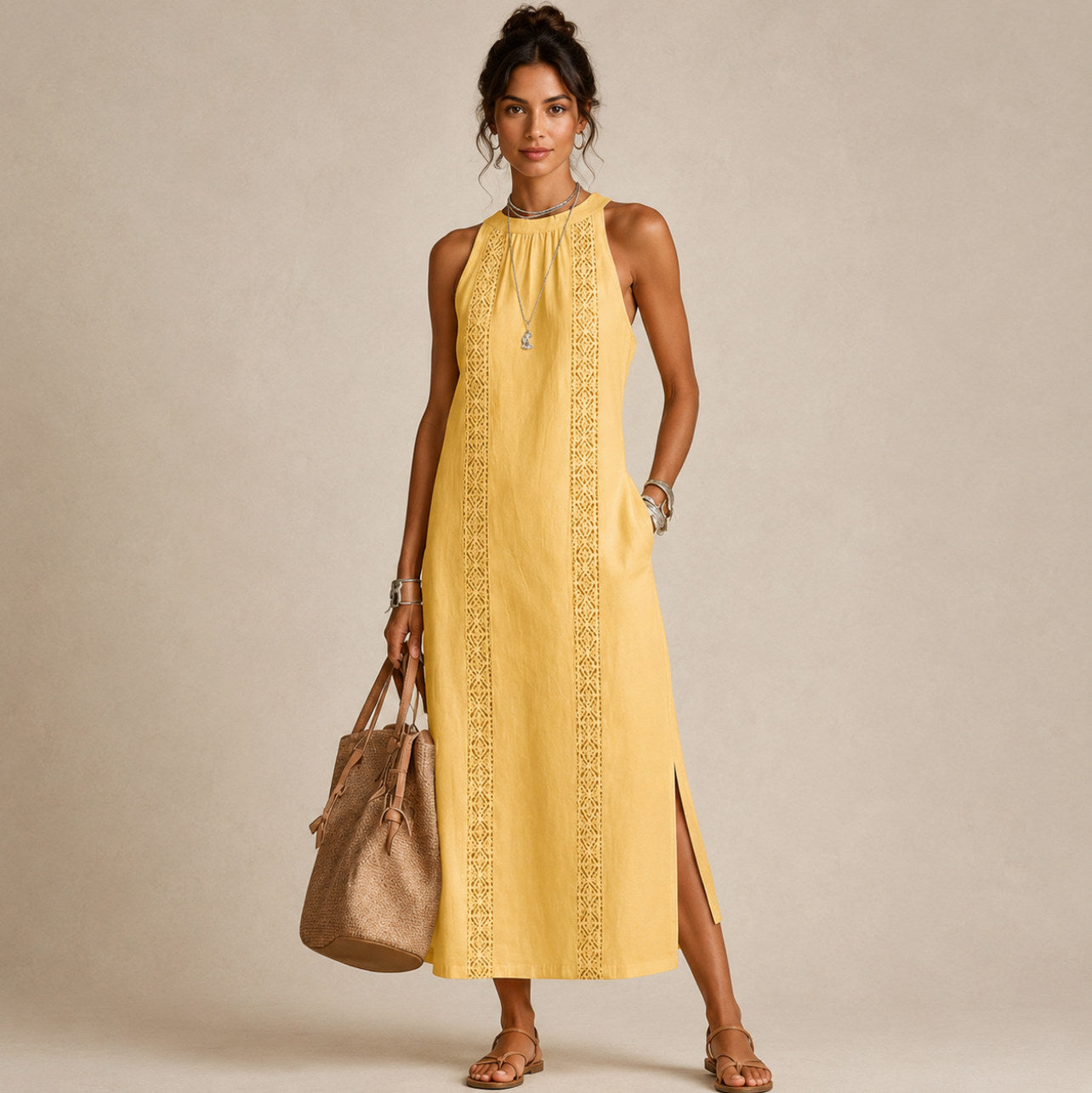 Halter Lace Trim Midi Sundress