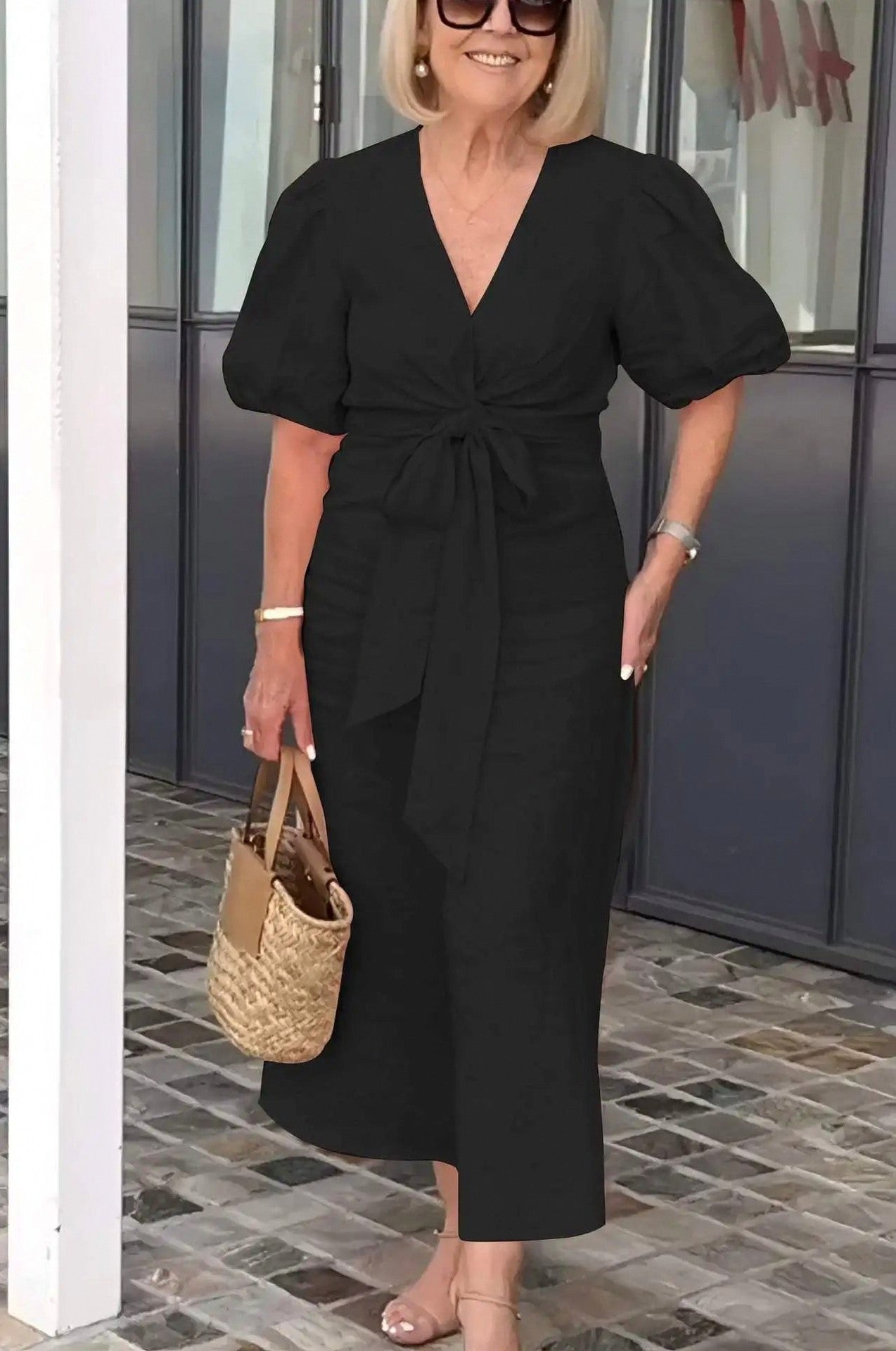 Puff Sleeve Tie Waist Maxi Dress
