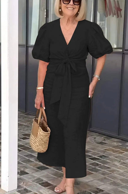 Puff Sleeve Tie Waist Maxi Dress