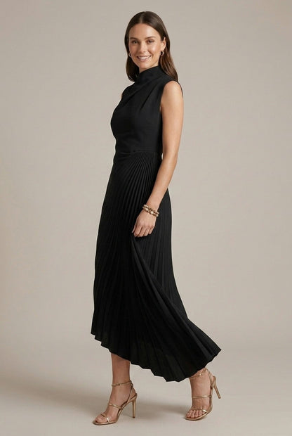 Draped Asymmetrical Pleated Midi Dress