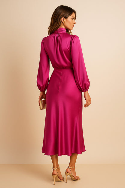 Satin High Neck Midi Dress