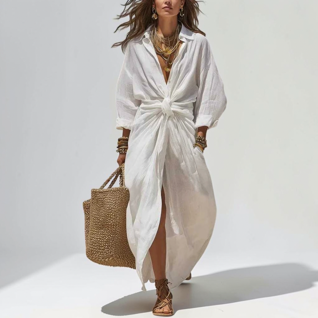 Linen Twist Front Midi Dress