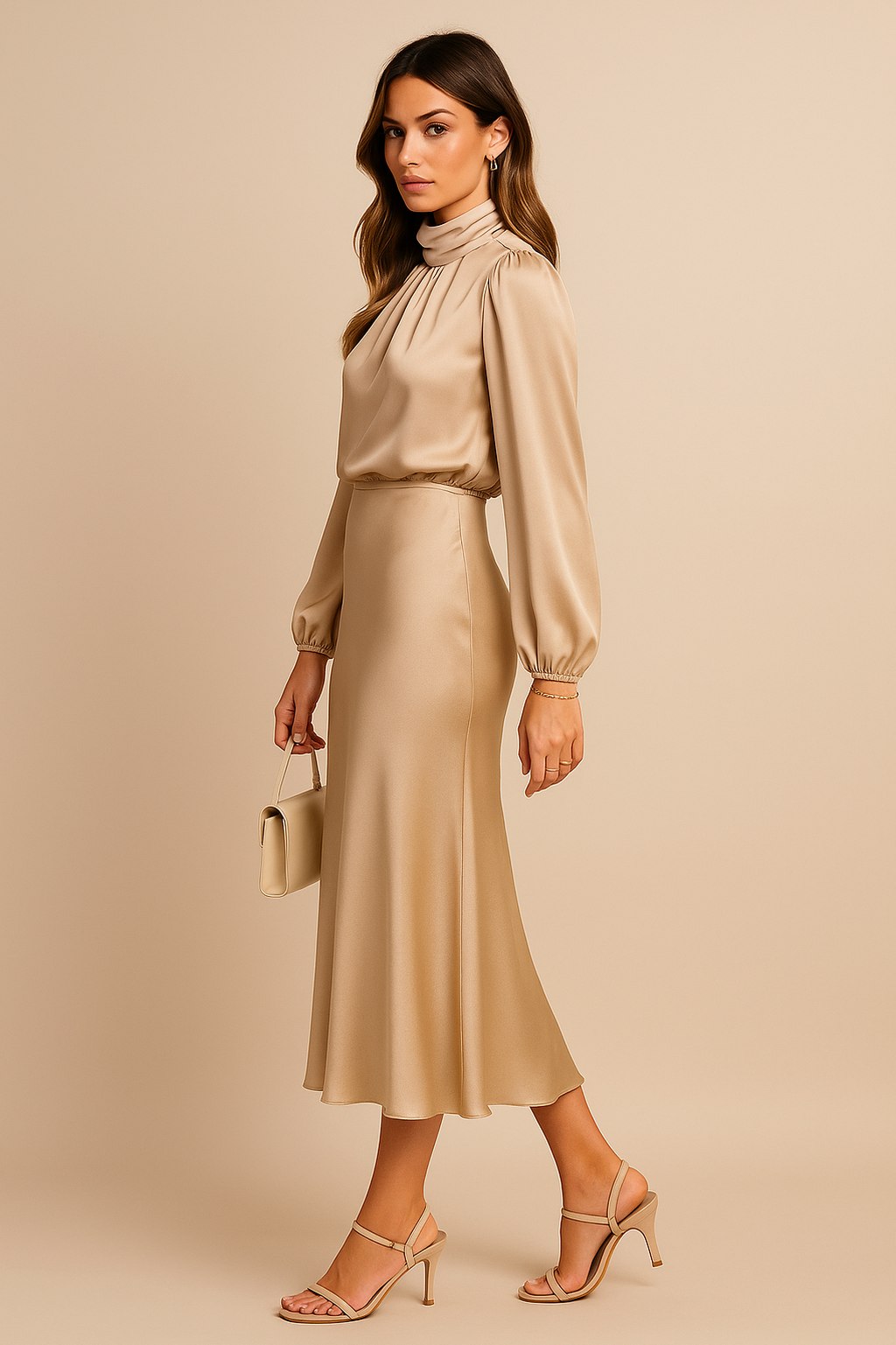 Satin High Neck Midi Dress