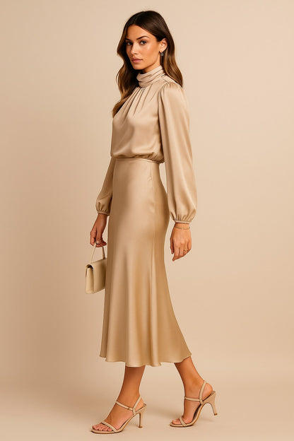 Satin High Neck Midi Dress