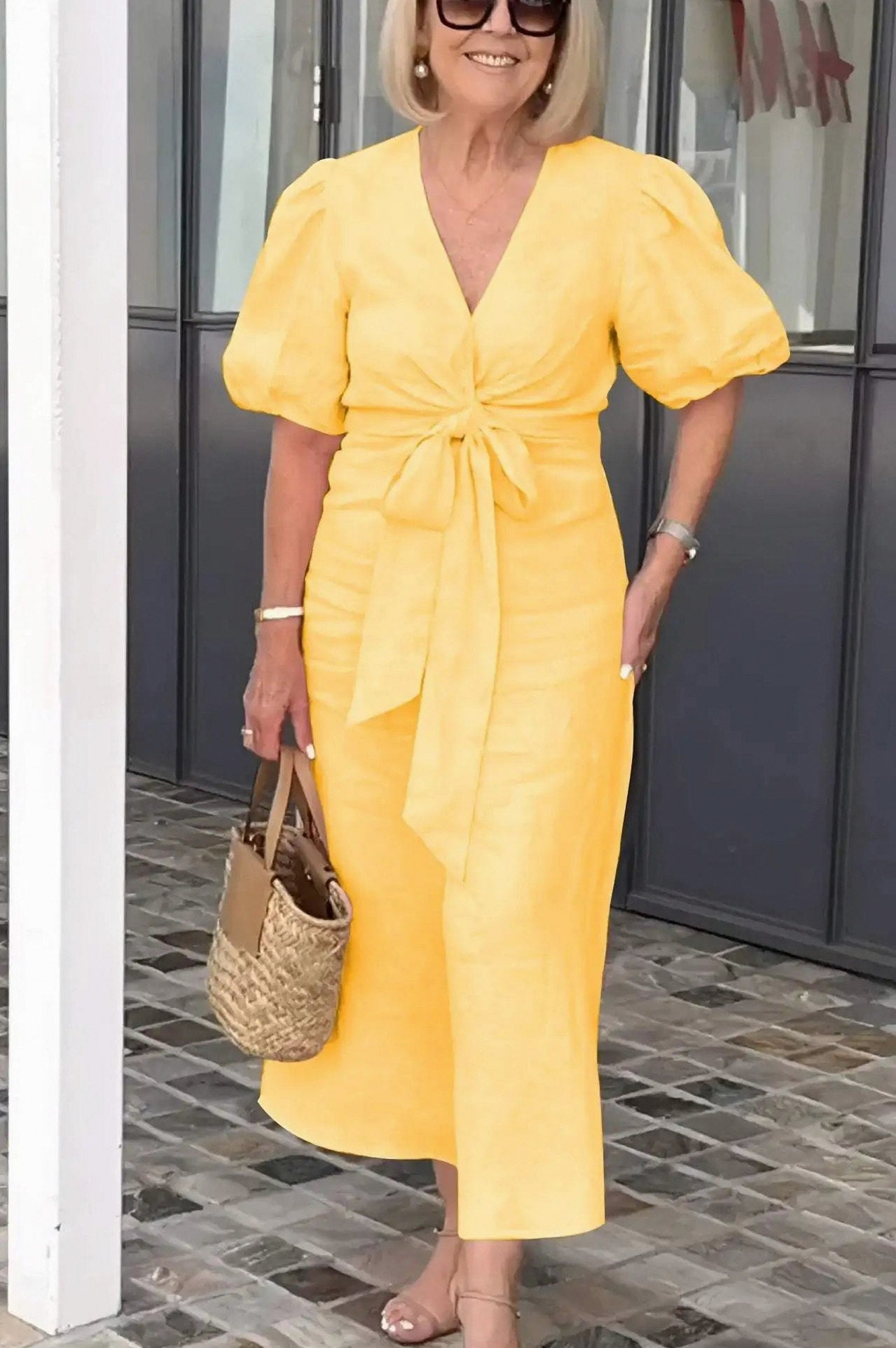 Puff Sleeve Tie Waist Maxi Dress