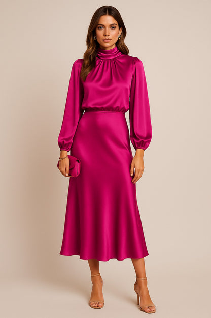 Satin High Neck Midi Dress