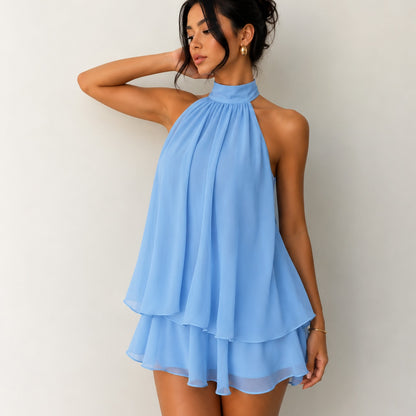 Chiffon Halter Tiered Mini Dress
