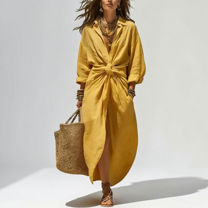 Linen Twist Front Midi Dress