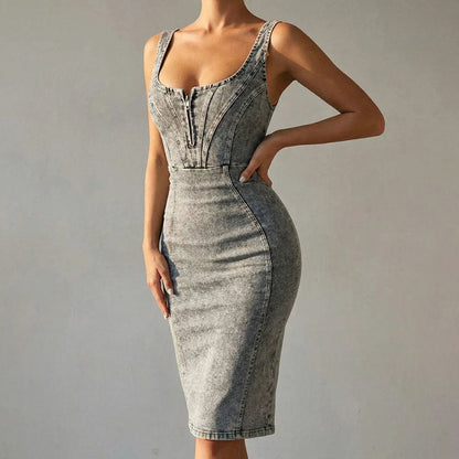 Denim Corset Zip Front Midi Dress