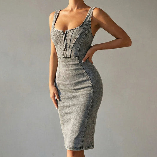 Denim Corset Zip Front Midi Dress
