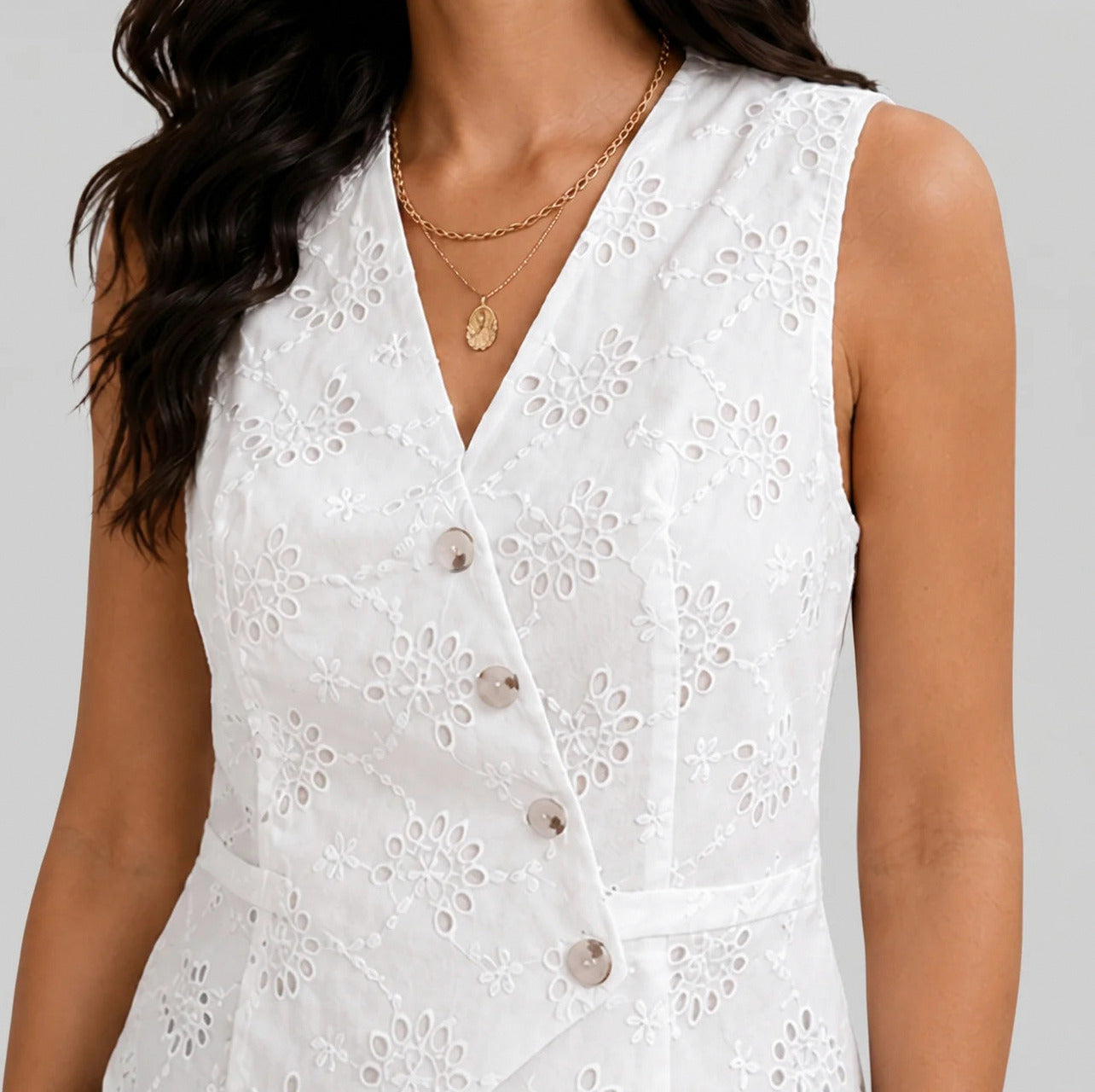 Eyelet Asymmetrical Button Front Top