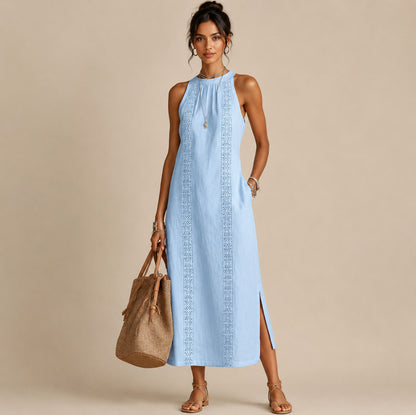 Halter Lace Trim Midi Sundress