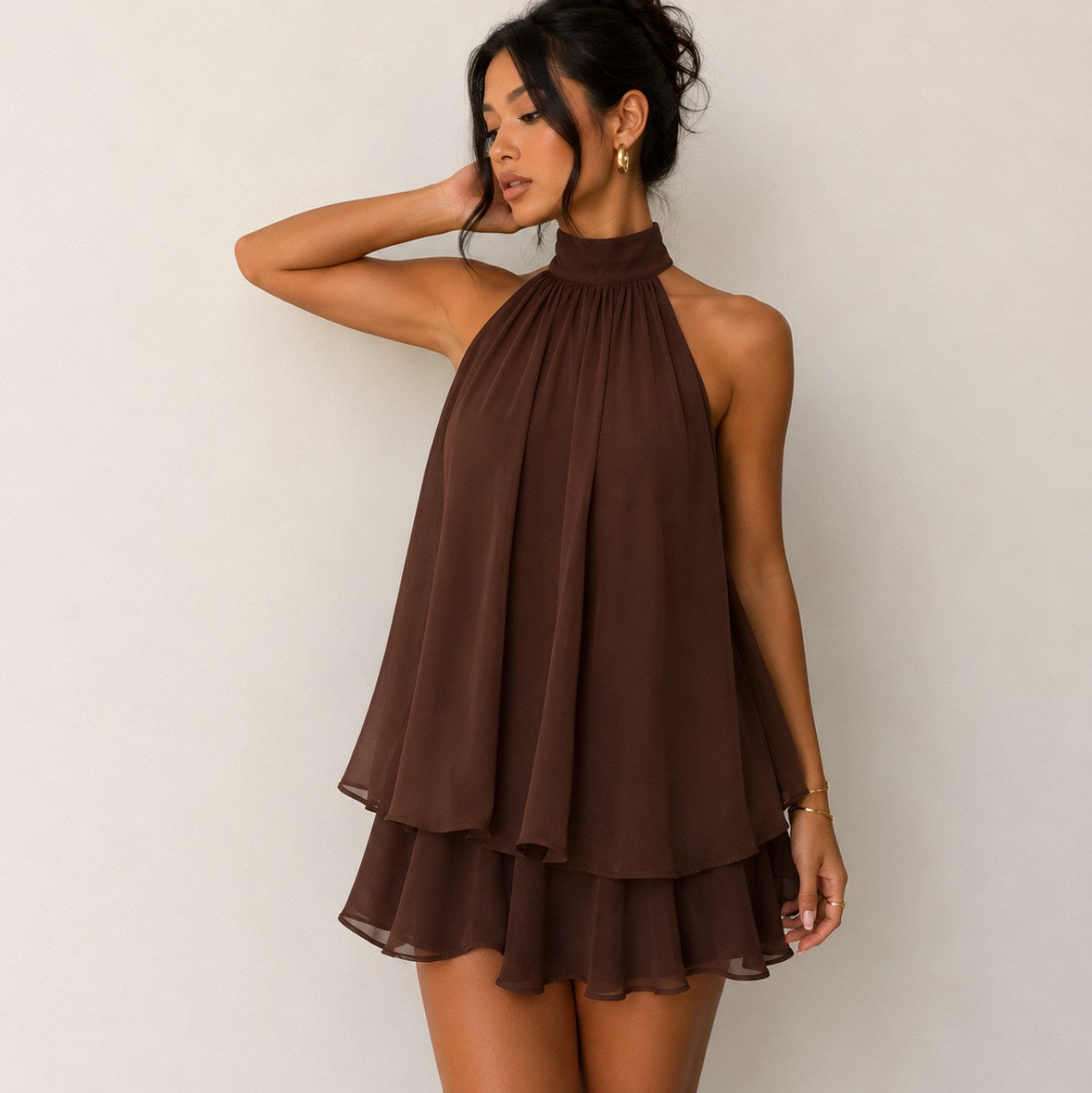 Chiffon Halter Tiered Mini Dress