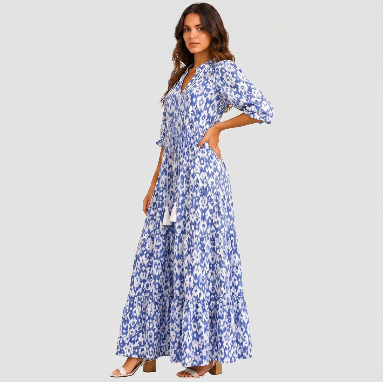 Ikat Puff Sleeve Maxi Dress