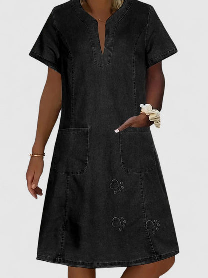 Denim Split Neck Midi Dress