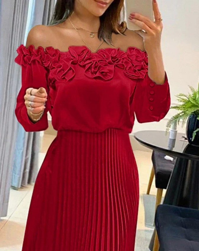 Off Shoulder Floral Applique Midi Dress