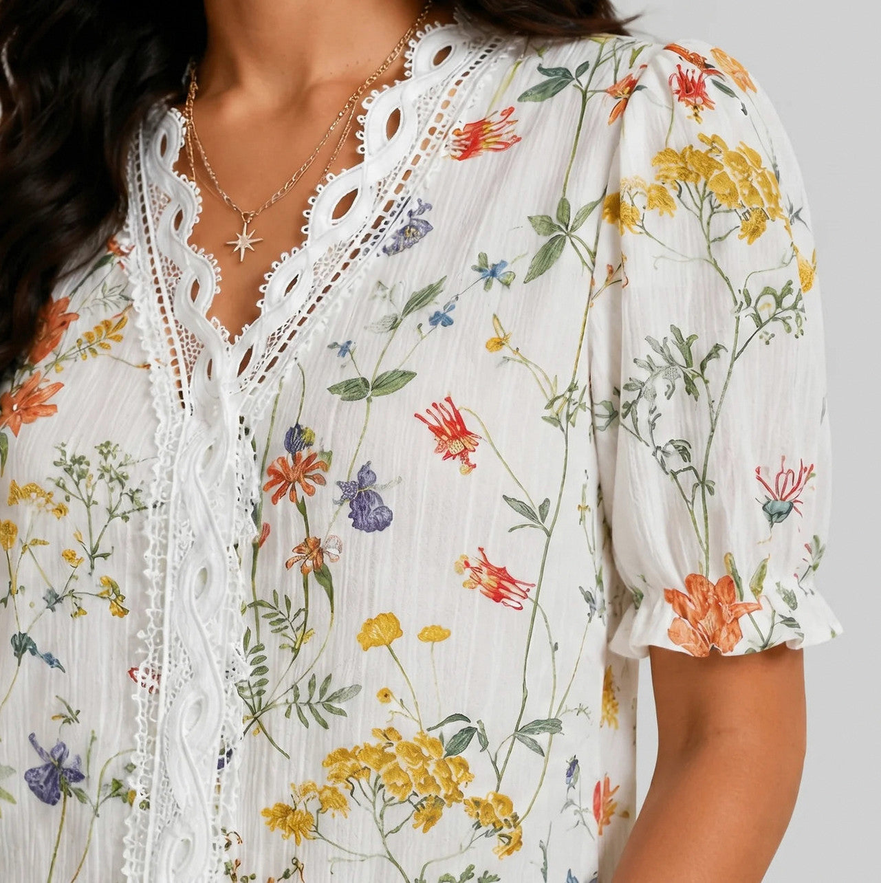 Floral Crochet Puff Sleeve Blouse