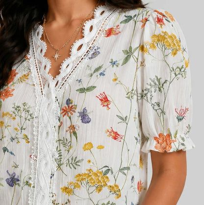 Floral Crochet Puff Sleeve Blouse