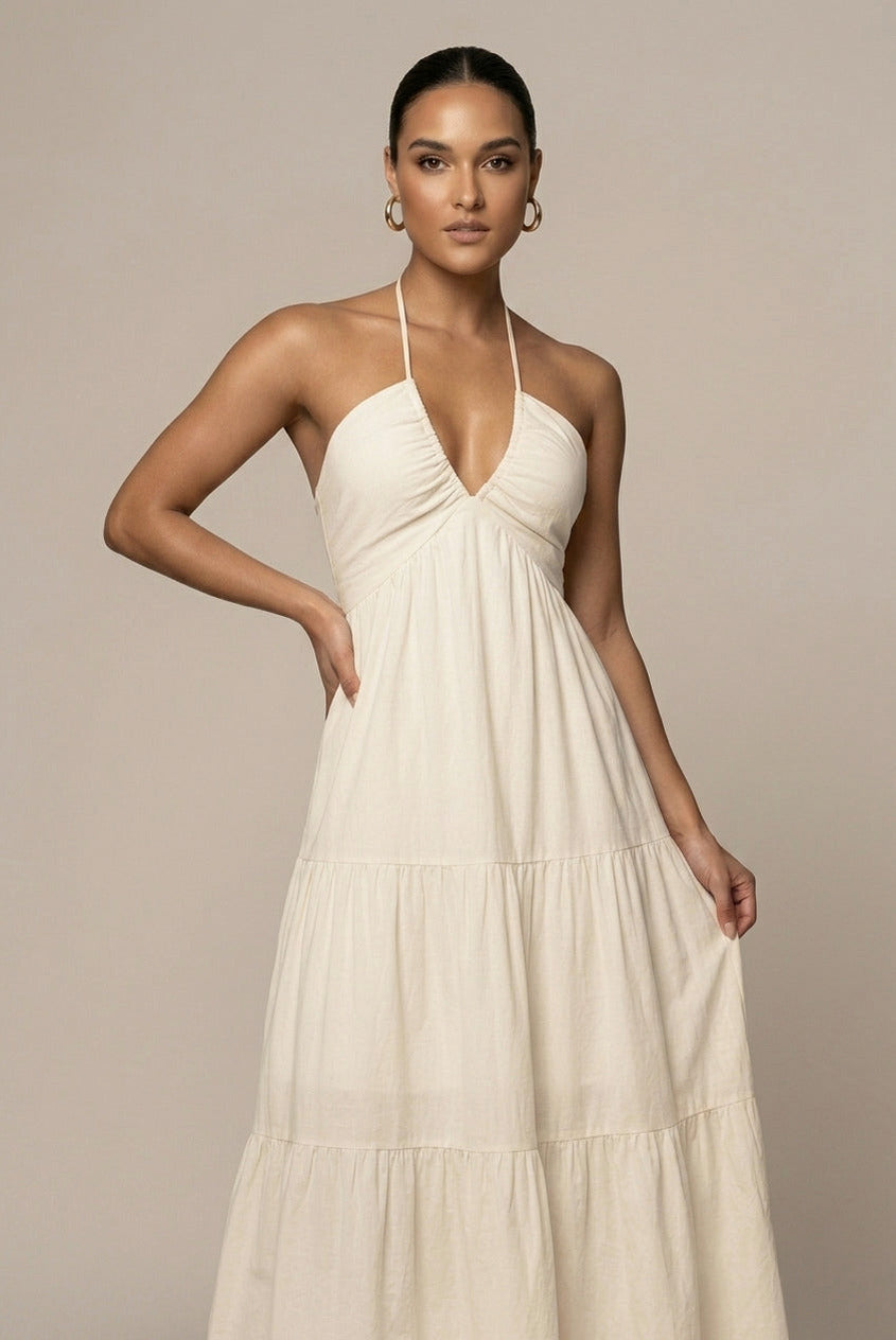 Linen Halter Tiered Maxi Dress