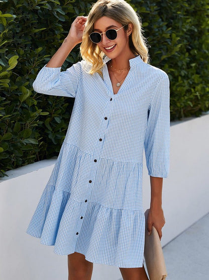 Gingham Tiered Button Front Dress