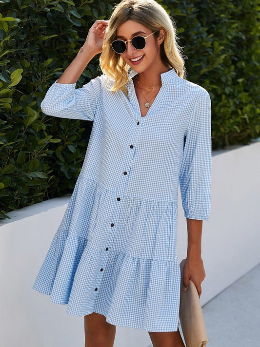 Gingham Tiered Button Front Dress
