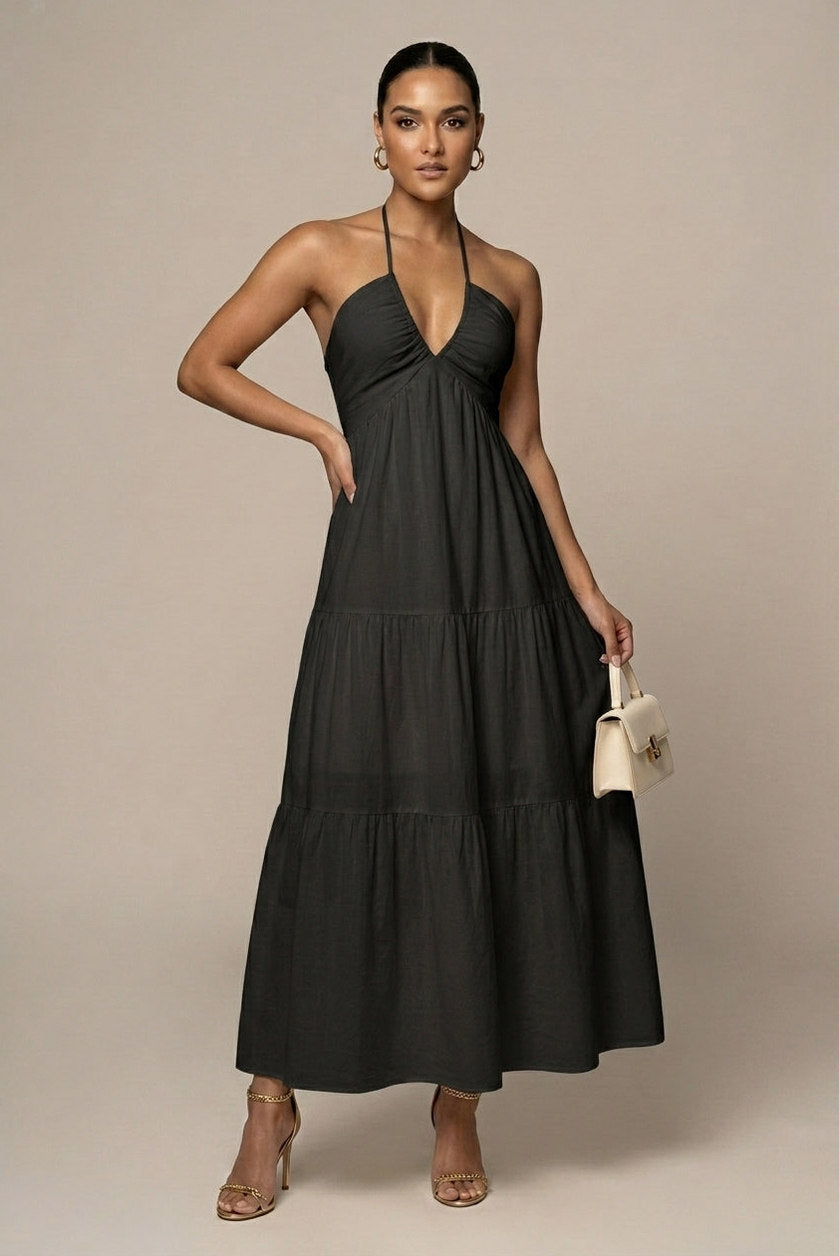 Linen Halter Tiered Maxi Dress