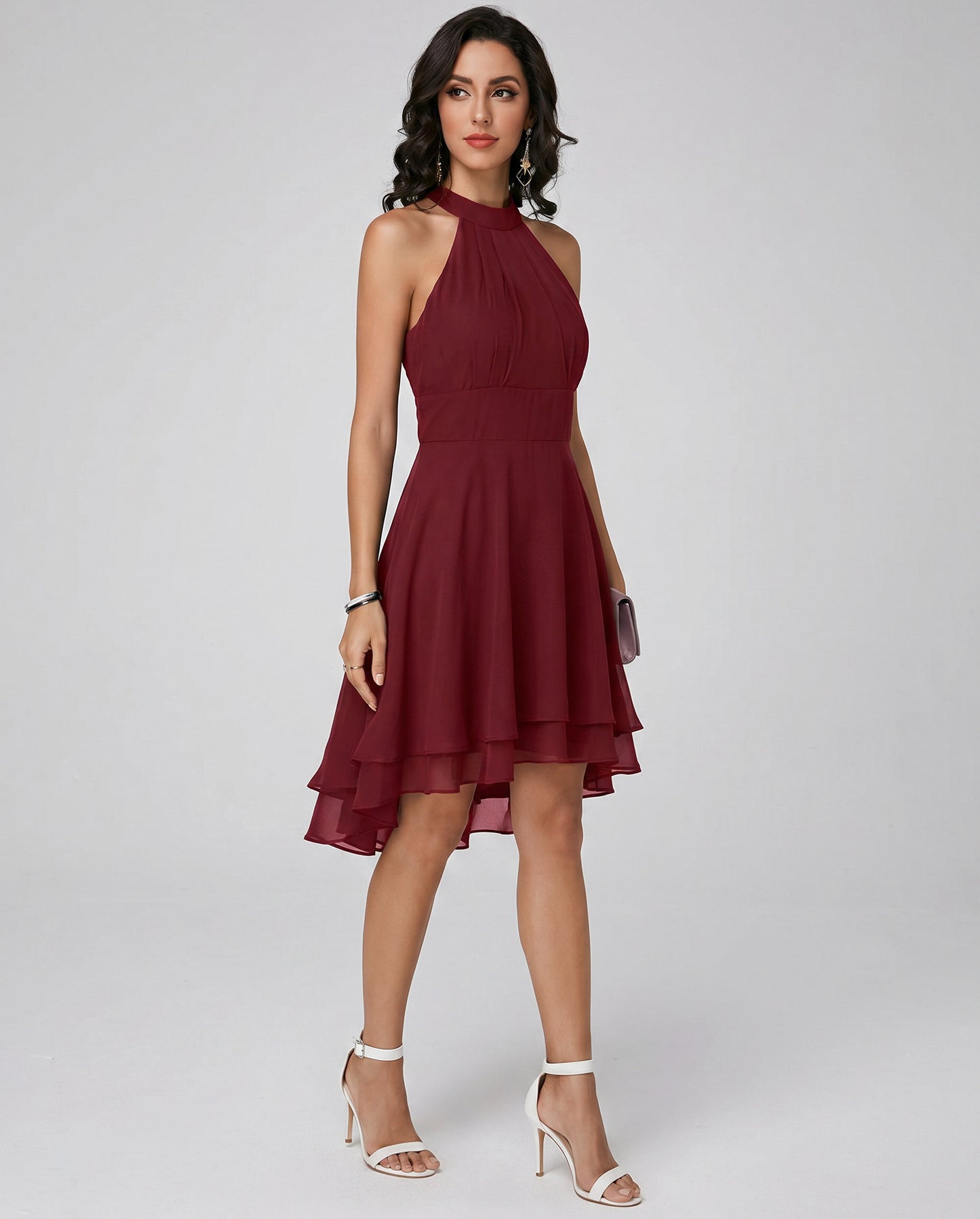 Chiffon Halter Tiered Midi Dress
