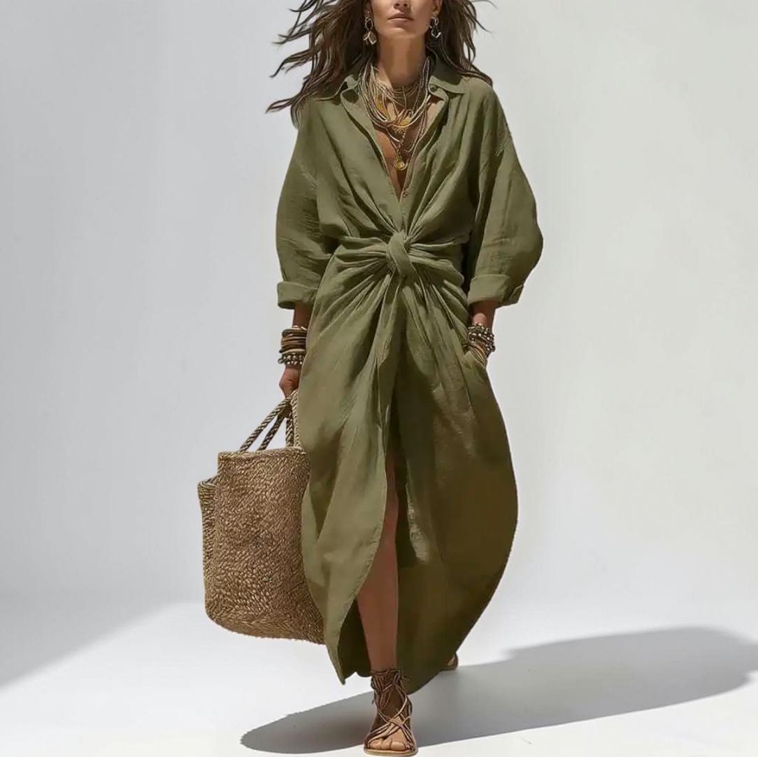 Linen Twist Front Midi Dress