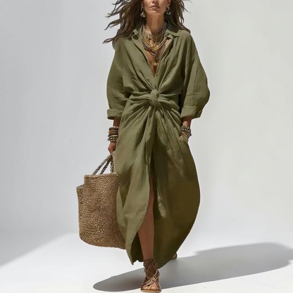 Linen Twist Front Midi Dress