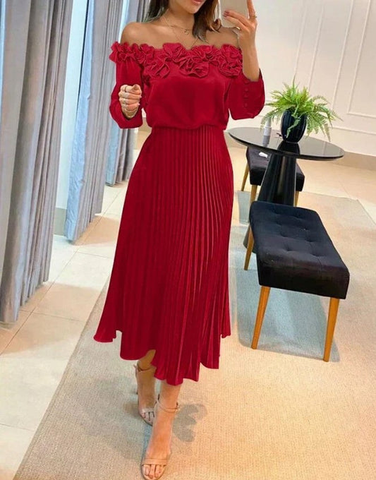 Off Shoulder Floral Applique Midi Dress